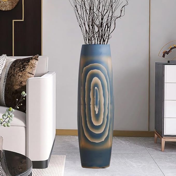 Tall Blue Floor Vase 31 inches, Handmade Large Ceramic Vases for Home Decor Living Room, Imitation Wood Grain Decorative Vases Wide Mouth Opening Corner Vase for Pampas Grass