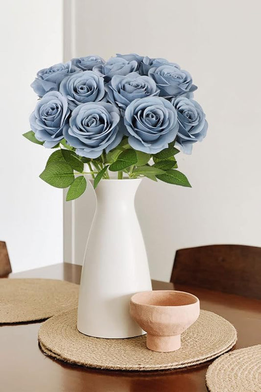 30pcs Roses Artificial Flowers Dusty Blue Silk Roses with Long Stems Fake Flowers for Wedding Bouquet Centerpices Decorations Party Bridal Baby Shower Home Decor