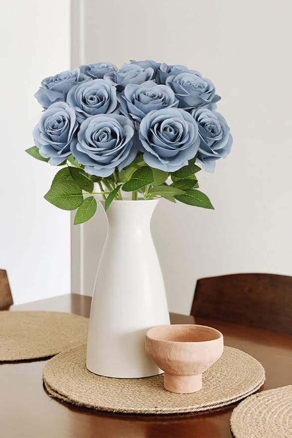 12pcs Roses Artificial Flowers Dusty Blue Silk Roses with Long Stems Fake Flowers for Wedding Bouquet Centerpices Decorations Party Bridal Baby Shower Home Decor