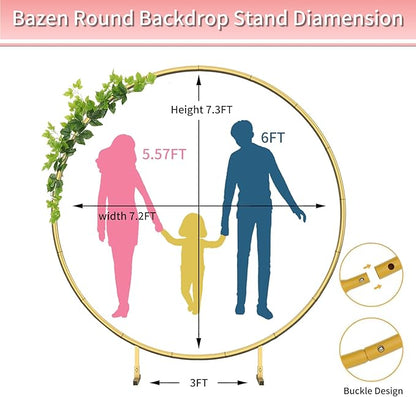 7.2FT Round Backdrop Stand Gold - Circle Balloon Arch Kit Frame Wedding Balloon Arch Kit with Stand Base Flower Ring Arch for Ceremony Birthday Party Baby Shower Christmas Thanksgiving Day