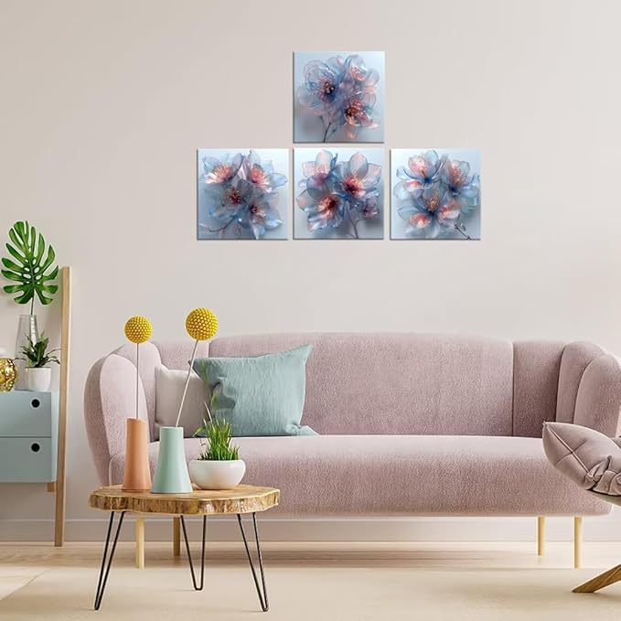 Pankila Abstract Flower Wall Art Blooming Flowers Pictures Canvas Prints Blue Pink Flower Wall Decor for Living Room Bedroom Bathroom Home Decorations Painting Framed Artwork (20''W x 20''H x 4)