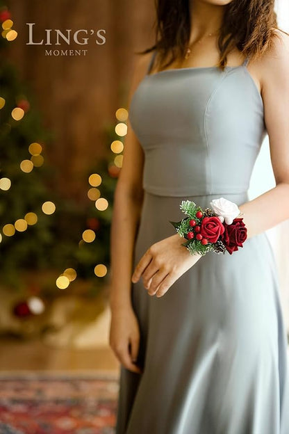 Ling's moment 6pcs Wedding Wrist Corsage Artificial Flowers, Girl/Mother Homecoming Prom Corsages Wristlet Décor, etc. Christmas Red Berry