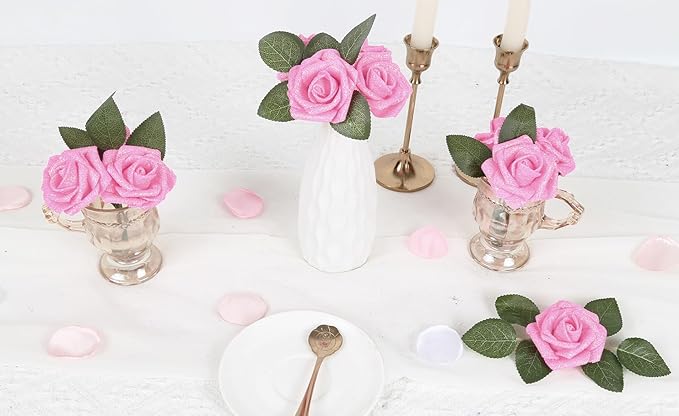 IPOPU Pink Glitter Roses,25PCS Fake Roses Sparkle Roses Bouquet Roses Artificial Flowers with Stems for Cake Wedding Bouquet Home Party Decoration(Dark Pink)
