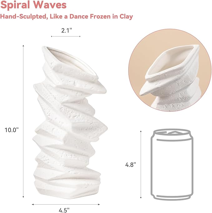 White Ceramic Vase with Spiral Wave Texture - 10" Unique Flower Vase for Pampas Grass & Centerpieces, Decorative Boho/Farmhouse Vase for Living Room, Office Desk & Housewarming Gift (for Her/Yourself)