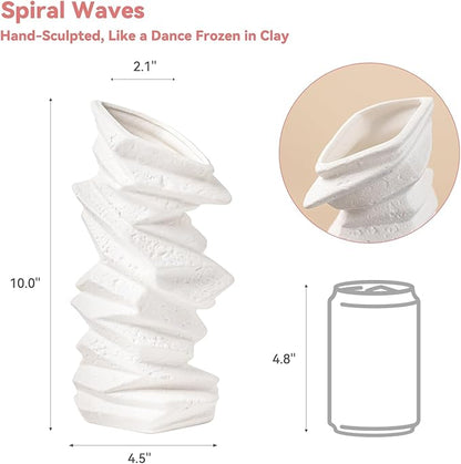 White Ceramic Vase with Spiral Wave Texture - 10" Unique Flower Vase for Pampas Grass & Centerpieces, Decorative Boho/Farmhouse Vase for Living Room, Office Desk & Housewarming Gift (for Her/Yourself)