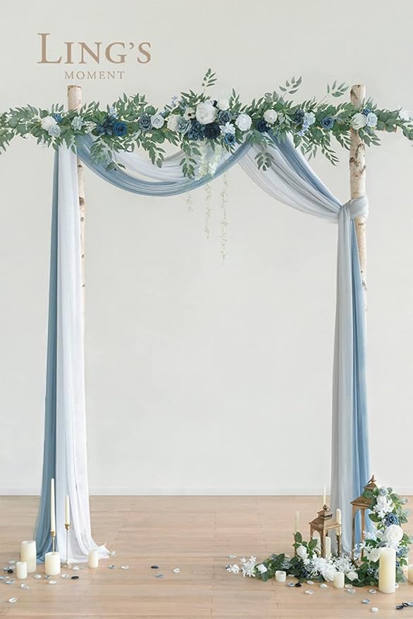 Ling's moment Wedding Arch Draping Fabric 3 Panels 20Ft Blue Chiffon Fabric,Sheer Hanging Drapes Arrangement for Wedding Ceremony Backdrop Party Swag Home Decor (Dusty Blue & Cool Grey & White)