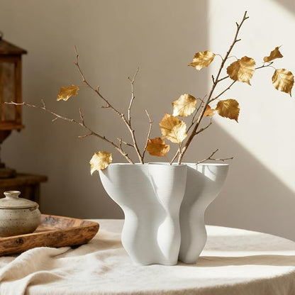 Contemporary White Ceramic Vase, Abstract Irregular Shape Sculptural Accent for Home Decor, Modern Artistic Centerpiece for Coffee Table or Bookshelf