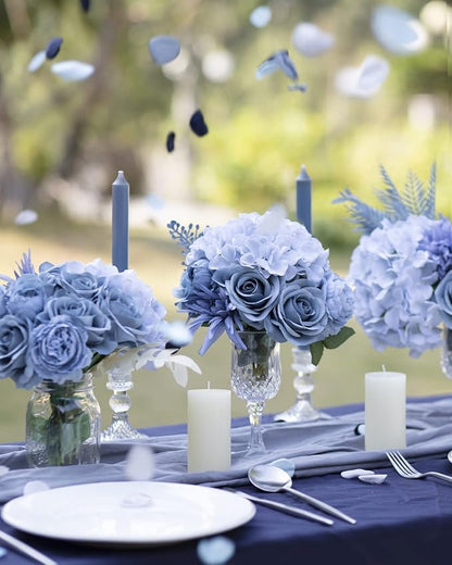LFF 10pcs Silk Roses Artificial Flowers Fake Long Stem Roses for DIY Wedding Bouquet Home Decoration (Dusty Blue)