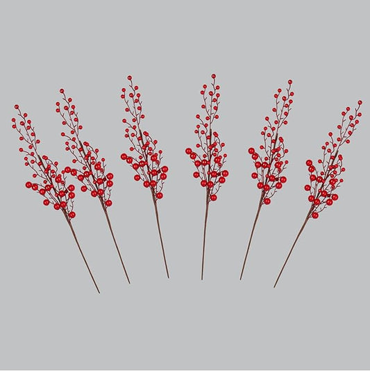 6 Picks Red Berry Twig Long Stems: Decorative Picks for Vases, Floral Arrangements, and Holiday Crafting (Red)