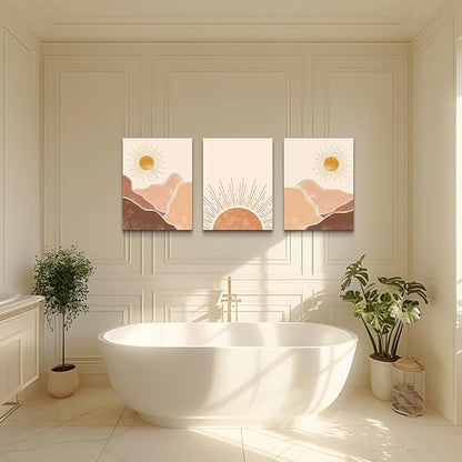 Boho 3 Piece Large Size Canvas Wall Art - Minimalist Abstract Mountain Sunshine Paintings For Living Room, Bedroom, Office & Children's Room Decor