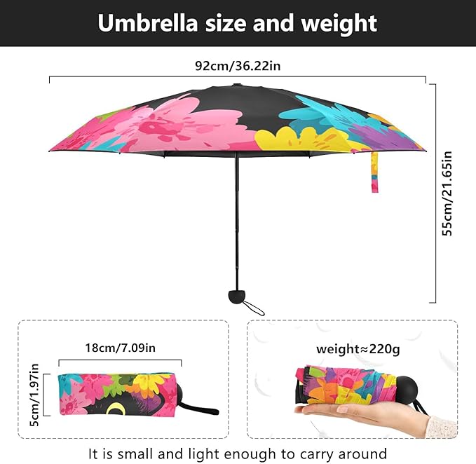 JIPONI Mini Travel Umbrellas for Rain Cute Cat Floral, Small Umbrella Compact Waterproof Anti-UV Protection Lightweight Portable