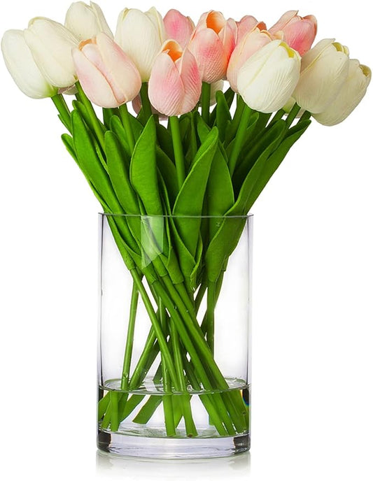 ENOVA FLORAL 20 Heads Real Touch Artificial Tulips Flowers in Vase, Mixed White and Pink Tulips Flower Arrangements with Vase and Faux Water for Home Wedding Decor, Dining Table (White Pink)