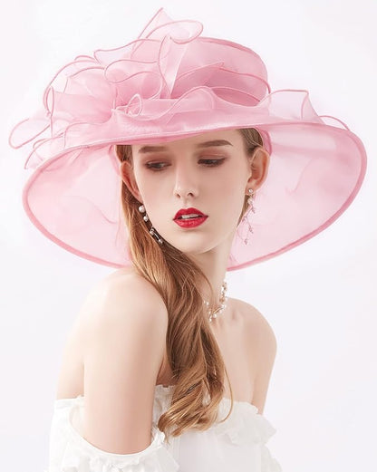 Organza Derby Hats for Women Wide Brim Fascinator Hat Rose Flower Wedding Tea Party Hat