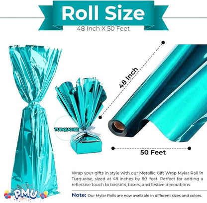 PMU Gift Wrap Mylar Roll Metallic Turquoise 2-sided, 48 Inches X 50 Ft Roll 1.4 Mil Highly Reflective Mylar Film, Great for Gifts, Birthdays, Christmas, Baskets, Arts & Crafts