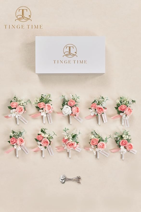 TINGE TIME Boutonniere for Men Wedding,Groom and Best Man Boutonniere for Wedding Ceremony Anniversary, Formal Dinner Party and Rustic Spring Wedding Marriage (10, PeachPink&White)
