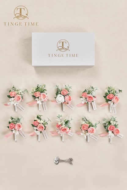TINGE TIME Boutonniere for Men Wedding,Groom and Best Man Boutonniere for Wedding Ceremony Anniversary, Formal Dinner Party and Rustic Spring Wedding Marriage (10, PeachPink&White)