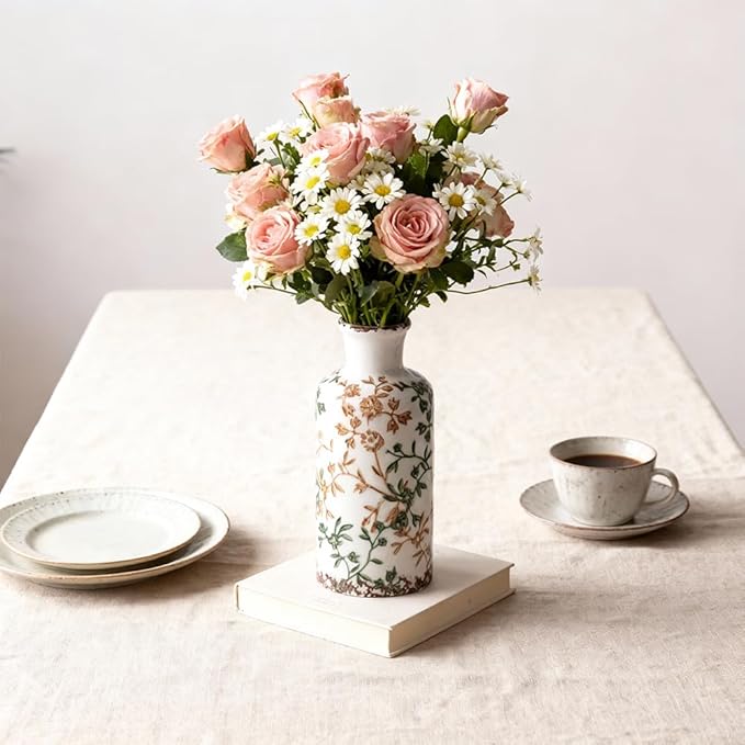 Farmhouse Ceramic Vase Set of 3 – Rustic Floral Pattern Decorative Vases for Home Decor, Vintage Country Style Table Centerpieces for Living Room, Shelf, Mantel & Entryway Decoration