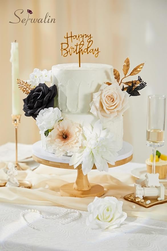 Serwalin Artificial White & Black & Champagne Flowers, Silk Fake Flowers for DIY Wedding Bouquets Cake Flowers, Table Centerpieces Baby Shower Birthday Party Home Decorations