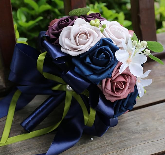 Lightweight Bridal Wedding Bouquet Round Holding Bouquet Throw Toss Artificial Rose Flower Bunch for Bride Bridesmaid Wedding Quinceanera (Navy, Smoky Rose, Light Taro & Dark Puce, 7.9")