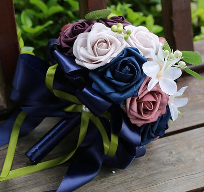 Lightweight Bridal Wedding Bouquet Round Holding Bouquet Throw Toss Artificial Rose Flower Bunch for Bride Bridesmaid Wedding Quinceanera (Navy, Smoky Rose, Light Taro & Dark Puce, 7.9")