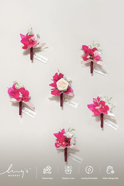 Ling's moment Boutonniere for Men, 6pcs Groom Groomsmen Boutonniere, Artificial Flowers for Wedding Decor/Prom/Homecoming, etc.Blush Hot Pink