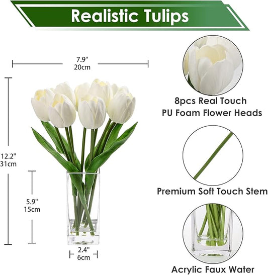 Briful Fake Flowers Artificial Tulip Flower White in Clear Vase, Real Touch Foam Tulip Arrangement Suitable for Home Office Decoration, Dining Table Centerpiece