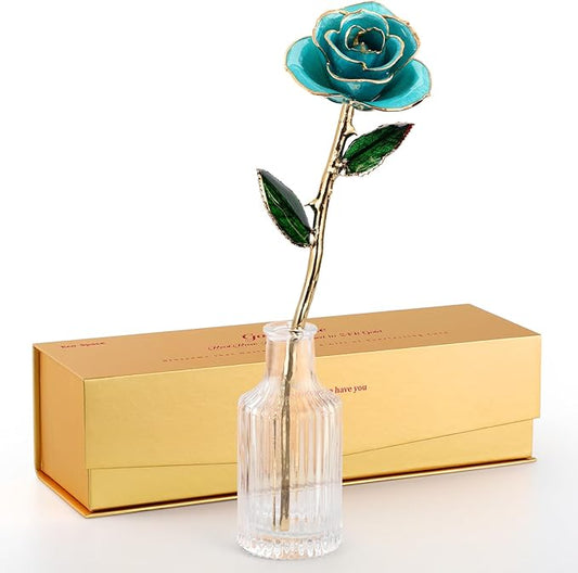 24K Gold Dipped Rose – Handpicked Real Rose in 24K Gold – Dreamy, One-of-a-Kind Romantic Gift for Her – Perfect for Birthday, Anniversary, Mother’s Day, Valentine’s (Turquoise Blue)