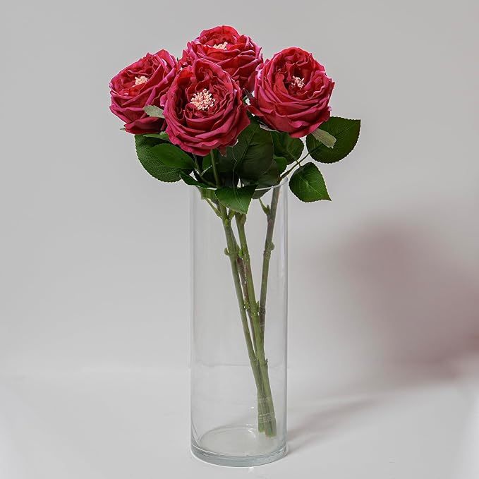 Fake Flowers for Decoration Home Decor Real Touch Artificial Flowers Austin Rose Peony Latex Fake Flower Living Room Decoration Vivid Pink Roses Peonies (Red 4pcs)