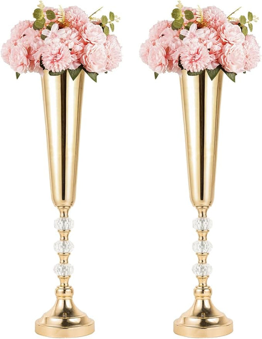 Tabletop Metal Vase Set of 2, Decorative Gold Vases for Centerpieces, Trumpet Vases for Flowers, Tall Table Flower Arrangements for Anniversary Birthday Party Wedding Home Decor (Gold- 2pcs)