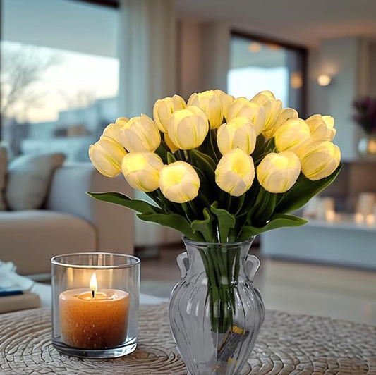 LED Lighted Artificial Tulips, Tulip Lamp, Real Touch Tulip Flowers, 15 Inch Faux Tulip Bouquet with Battery Operated Lights for Gifts, Home Kitchedn Wedding Decor (White)