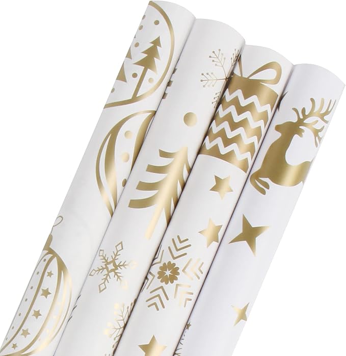 KIMOBER 4 Rolls Christmas Wrapping Paper with Cut Lines on Reverse,Coated Paper with Golden Christmas Elements(30in × 144in Per Roll)