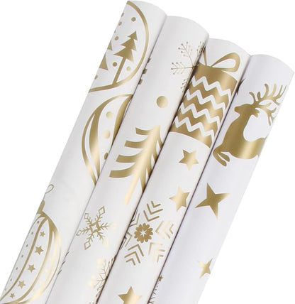 KIMOBER 4 Rolls Christmas Wrapping Paper with Cut Lines on Reverse,Coated Paper with Golden Christmas Elements(30in × 144in Per Roll)