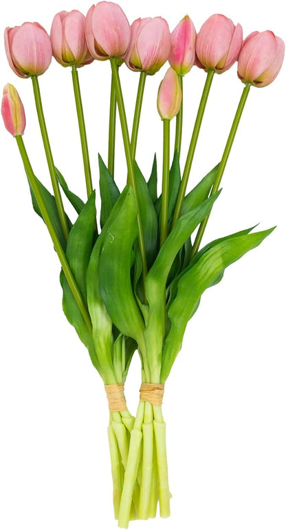 10 Pack Real Touch Tulips Artificial Flowers, 15.7 Inch Bendable Latex Tulips - No Maintenance Faux Flowers for Vase, Home Decor, Wedding Centerpiece (Pink)
