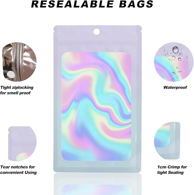400 Pack 4 Size Bags with Clear Window,Scratch Resistant Hand Holographic Packaging Pouch,Resealable Bag for Small Bussiness Cookies Jewelry Candy Sample (Pink Blue, 2.4×3.9,3x4.7,4×7,5.5×7.9 inch)