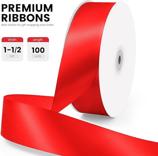 1-1/2" x 100 Yards Satin Ribbon - Wide Silk Red Ribbon with Spool - Ideal for Gift Wrapping, Floral Bouquets, Crafts, Wedding Party Decorations, Christmas and Sewing Projects
