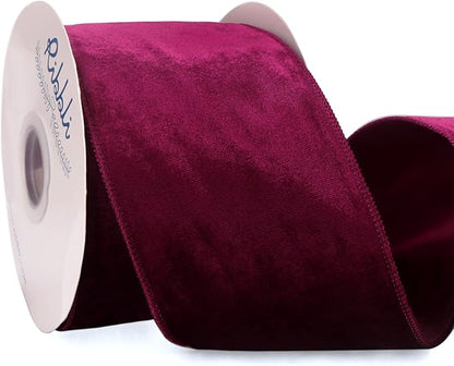 Ribbli Burgundy Velvet Wired Ribbon 4 Inch Velvet with Satin Christmas Ribbon for Gift Wrapping Christmas Tree Decoration Crafts Wreaths Supplies-Continuous 10 Yards