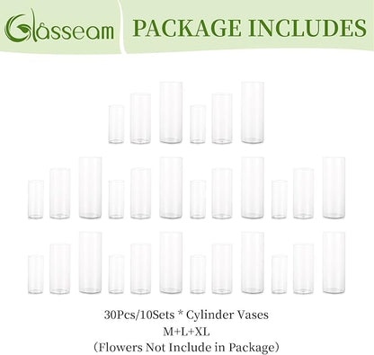 Glasseam Clear Cylinder Vases for Centerpieces, Glass Cylinder Vase Set of 30 for Flowers, Modern Hurricane Candle Holder for Pillar Candles, Floating Candle Vases for Wedding Table Decorations