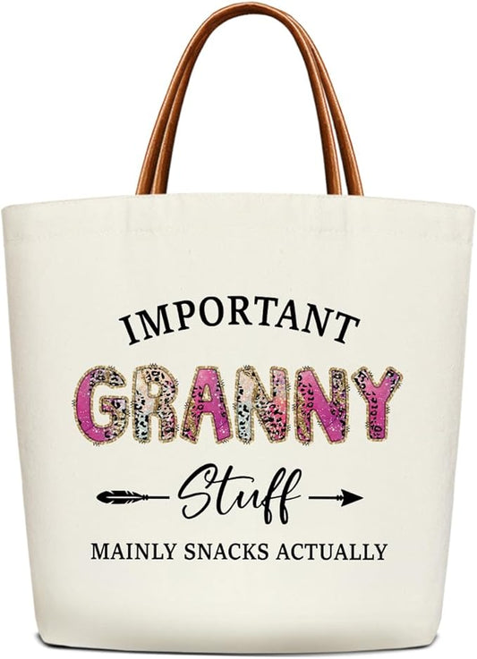 Canvas Tote Bag for Women, Important Stuff Bag with Leather Handle, Reusable Grocery Bags for Shopping Beach Travel