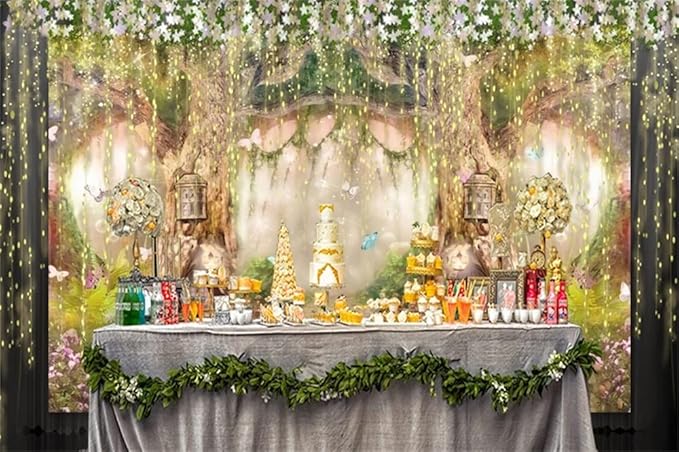Leowefowa 10x6.5ft Enchanted Forest Birthday Backdrop Fairy Tale Forest Enchanted Garden Photography Background for Kids Birthday Baby Shower Party Photoshoot Newborn Children Cake Smash Studio Props