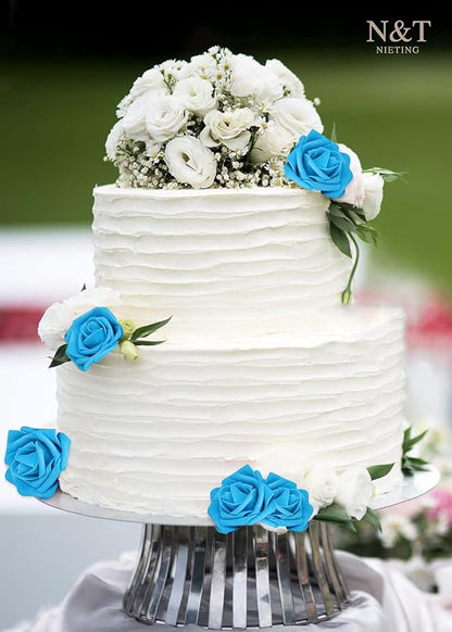 N&T NIETING Artificial Flowers, 25pcs Fake Flower Roses with Stem for DIY Wedding Bouquets Centerpieces Bridal Baby Shower Party Home Decoration, Blue