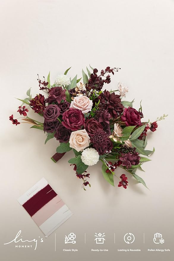 Ling's moment Red Wedding Bouquets for Bride, Burgundy and Blush Bridal Bouquets for Bride,17 Inch Free Form Artificial Wedding Flower Bouquet