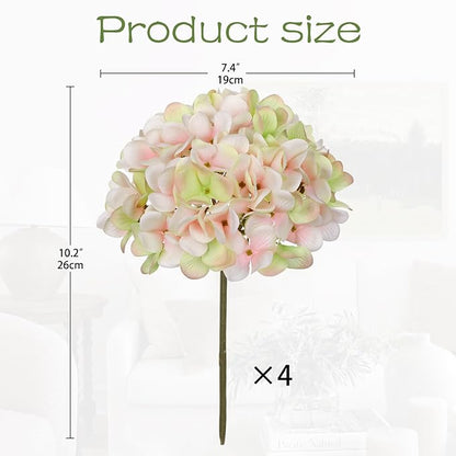Hollyone Pink Green Silk Hydrangea Artificial Flowers Heads 7.4inch Large Fake Hydrangea 4Pcs Full Faux Flowers with Stems for Wedding Party Table Centerpieces Flower Arrangement Home Decor