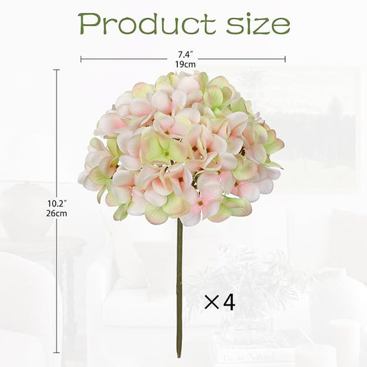 Hollyone Pink Green Silk Hydrangea Artificial Flowers Heads 7.4inch Large Fake Hydrangea 4Pcs Full Faux Flowers with Stems for Wedding Party Table Centerpieces Flower Arrangement Home Decor