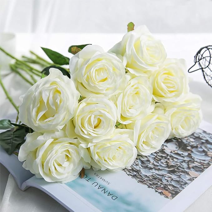 Hawesome 12PCS Artificial Silk Flowers Realistic Roses Bouquet Long Stem for Home Wedding Decoration Party (12PCS-Cream White 1)