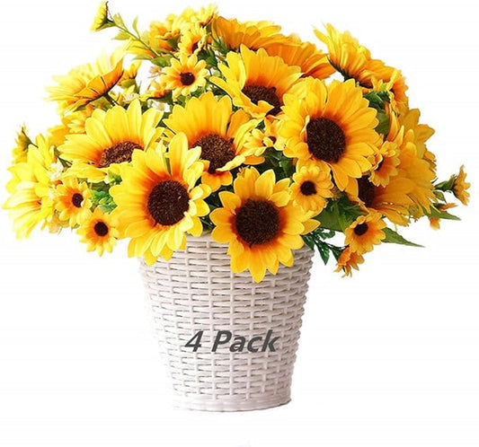 PASYOU Artificial Sunflower Plastic Fake Flowers Sunflowers for Indoor Outdoor Wedding Bridal Bouquet Home Garden Party DIY Wreath Table Arrangement Decoration Pot Planter Filler 4 pcs