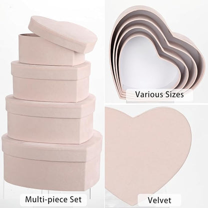 GnFlus Heart Shaped Gift Boxes with Lids for Presents Set of 4 Light Pink Velvet Nesting Gifts Box for Arrangements Flowers Wedding Birthday Valentines Bridesmaid Christmas Party Anniversary
