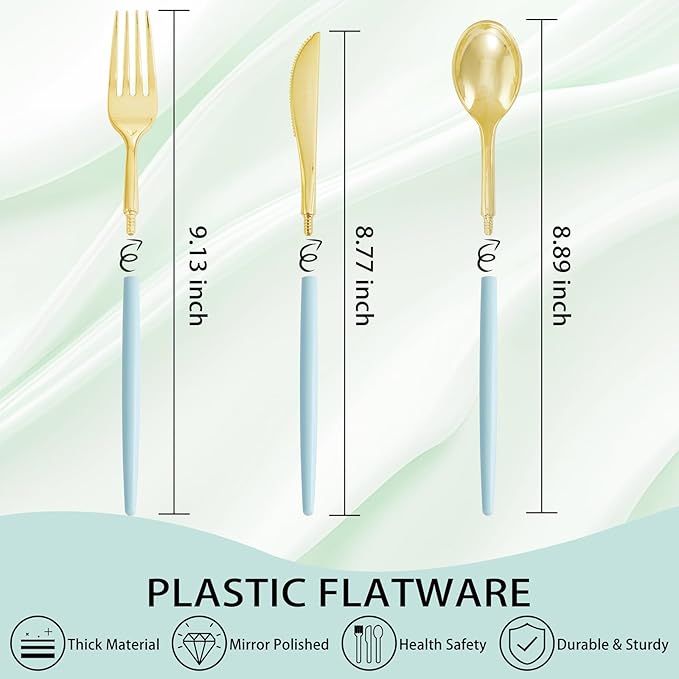 Supernal 102Pcs Mint Green Plastic Silverware,Gold Cutlery with Mint Green Handle,Gold Plastic Silverware Heavy Duty Include 34 Forks,34 Spoons and 34 Knives Prefect for Party,Wedding & Mother's Day