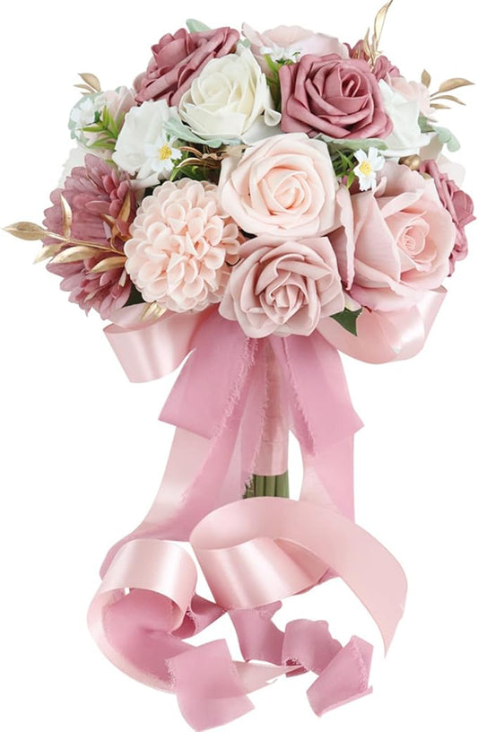 S_SSOY Wedding Bouquet Bride,Bride Bridal Bouquet Bridesmaid Artificial Flowers for Ceremony Anniversary Party Bridal Shower Decoration Wedding Bouquets (Bean Paste Pink)