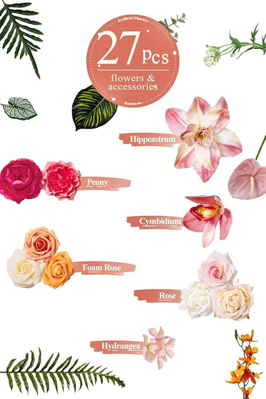 TINGE TIME Artificial Flowers Tropical Citrus & Pink Flower Combo for DIY Summer Wedding Bouquets Table Centerpieces Arrangements Party Baby Shower Home Decorations
