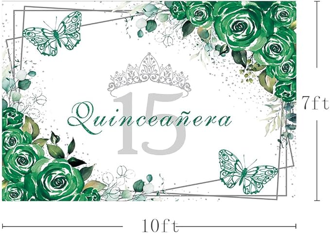 SENDY 10x7ft Quinceañera Backdrop Mis Quince 15 Anos Birthday Party Decorations Supplies for Girl Princess Green Floral Butterfly Silver Crown Photography Background Banner Photo Booth Studio Props